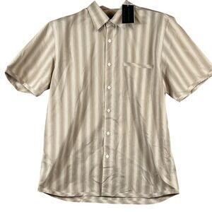 Kenneth Cole Mens L Button Down Shirt Short Sleeve Stripe Rope Beige Casual NWT